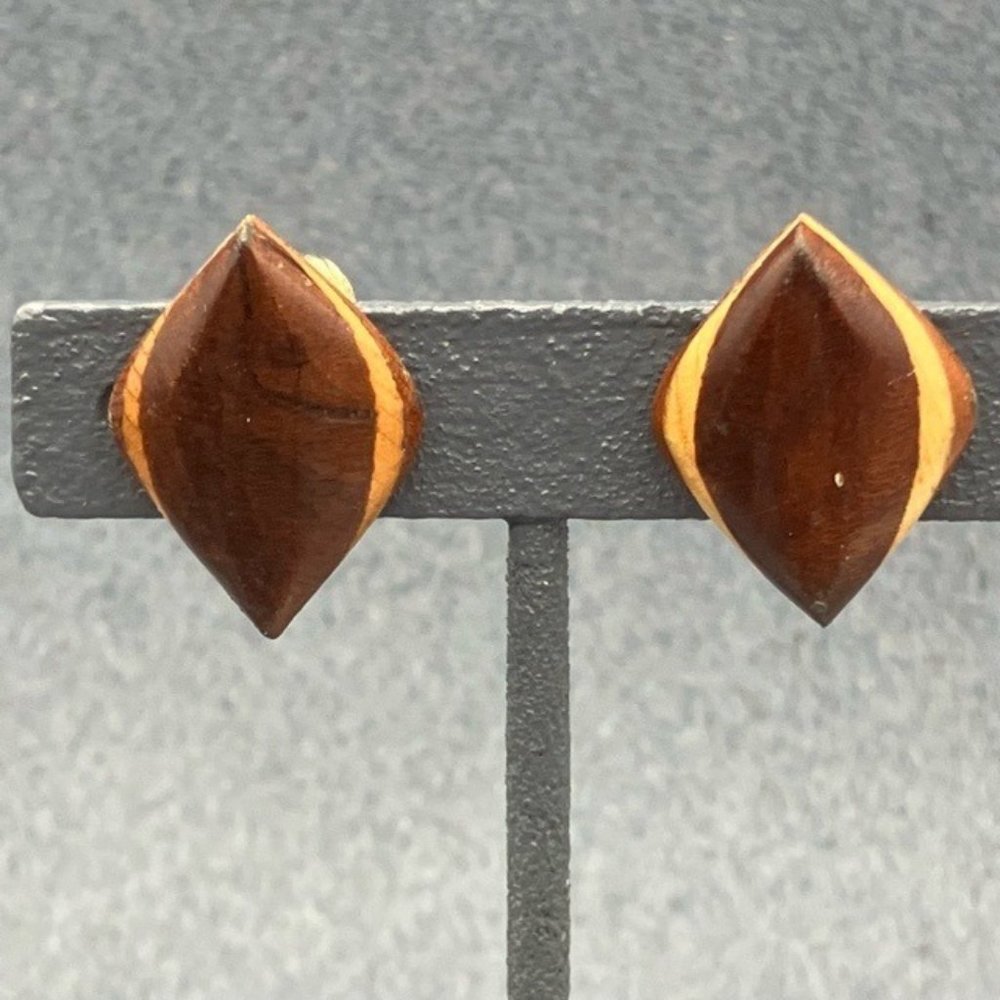 Clip On Earrings As Is Brown Wood Ellipse Football Diamond Dark Light Marquetry